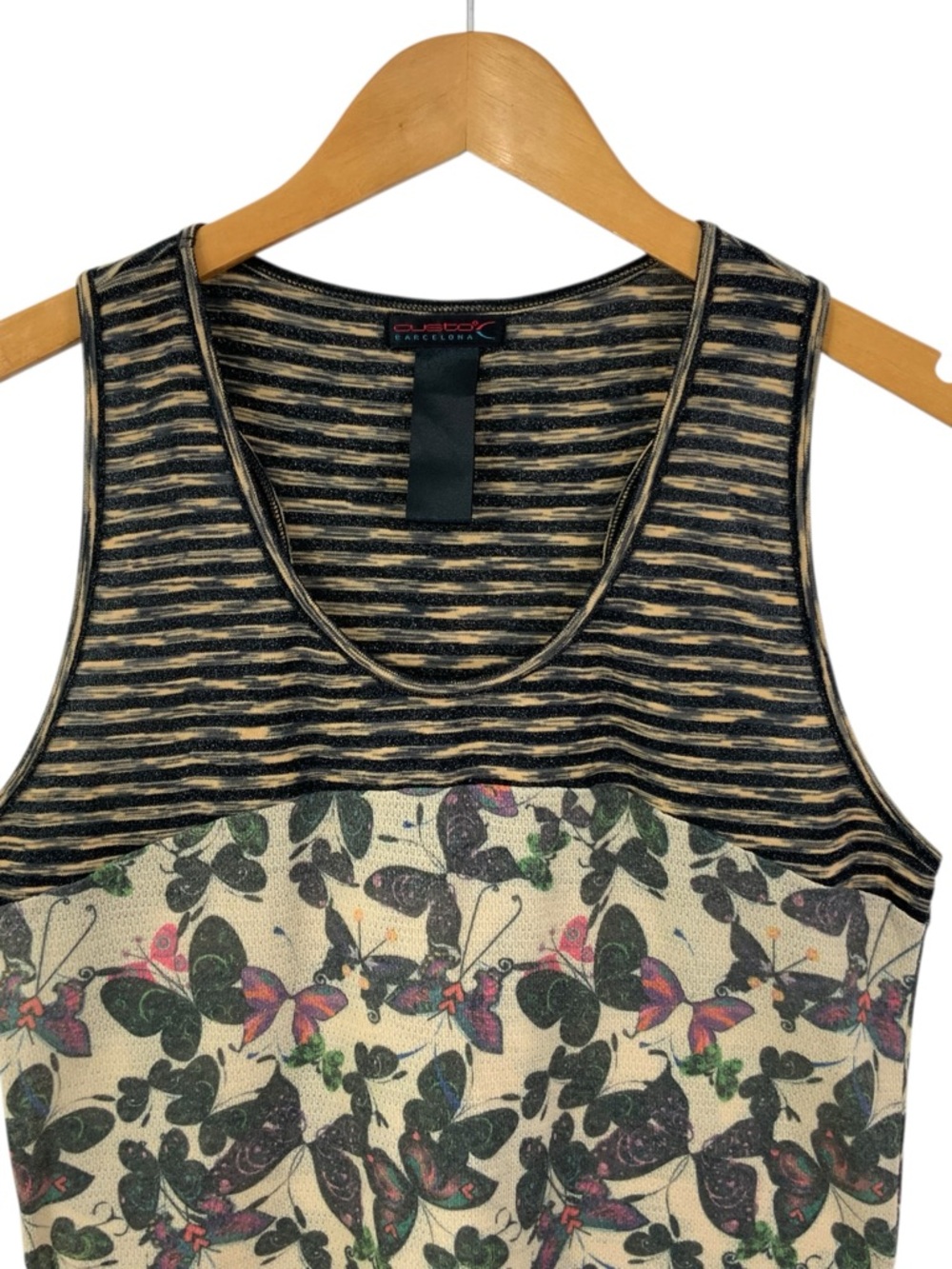 CUSTO BARCELONA Medium Striped Butterfly Print Racerback Tank Top Beige/Black S2 - Picture 2 of 7